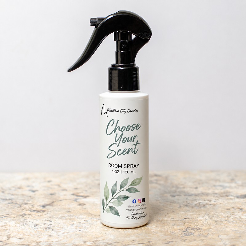 Choose Your Scent room spray 4oz with botanical leaf label — toxin-free plant-based room spray by Mountain City Candles 